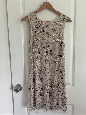 Alice + Olivia Beige Mini Dress with Black and Silver Embellishments